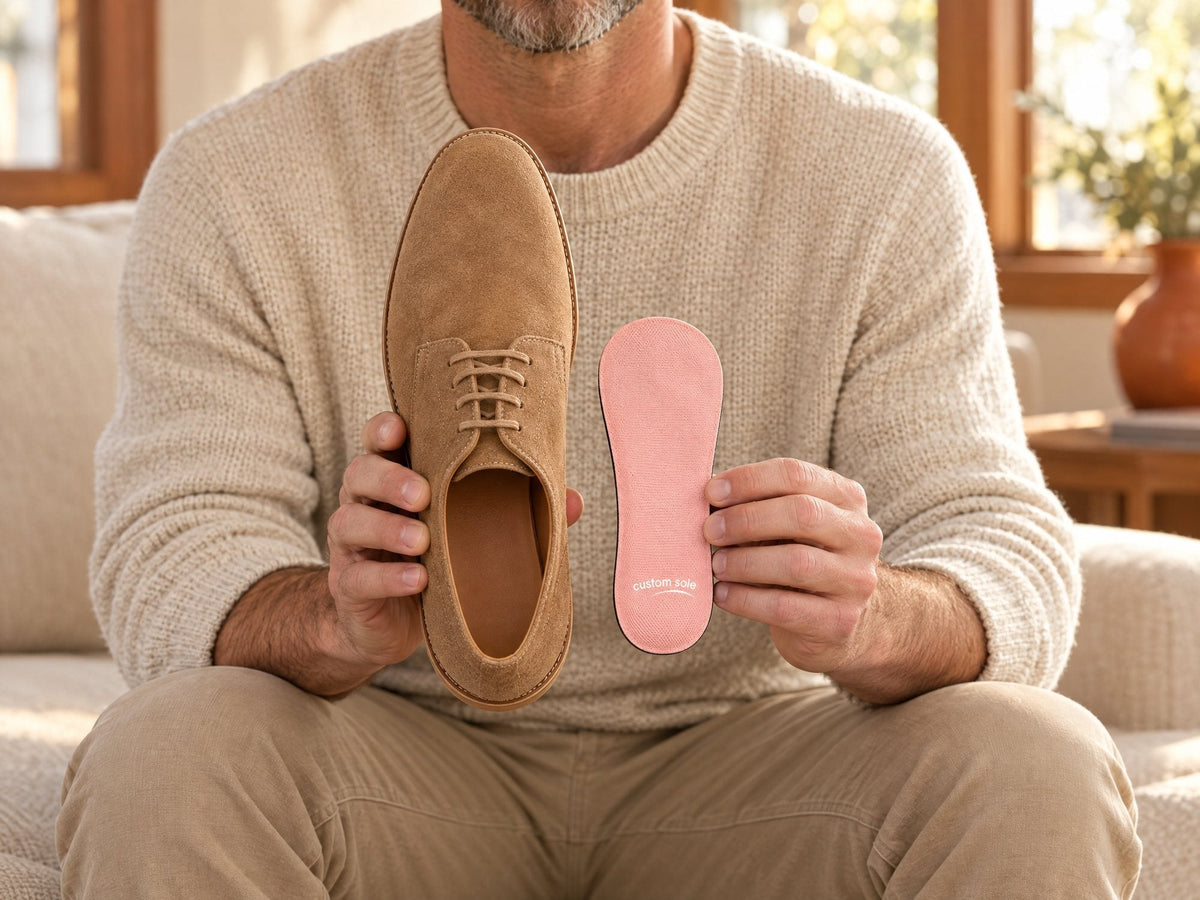 A 3/4 Length insole held with a dress shoe, ready to move between similar shoes