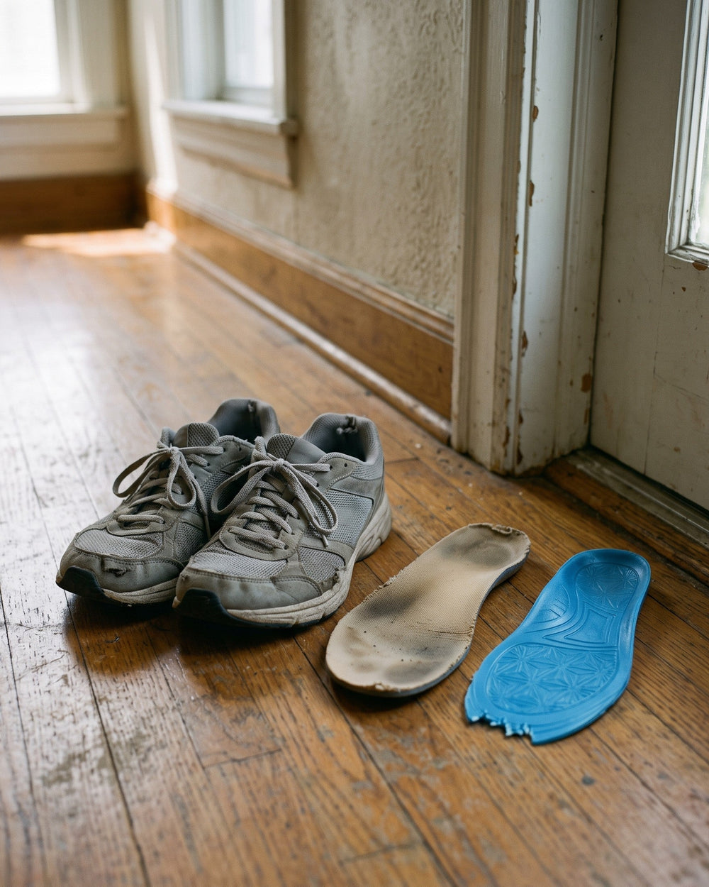 Worn sneakers beside two flattened, old store-bought insoles on a hallway floor