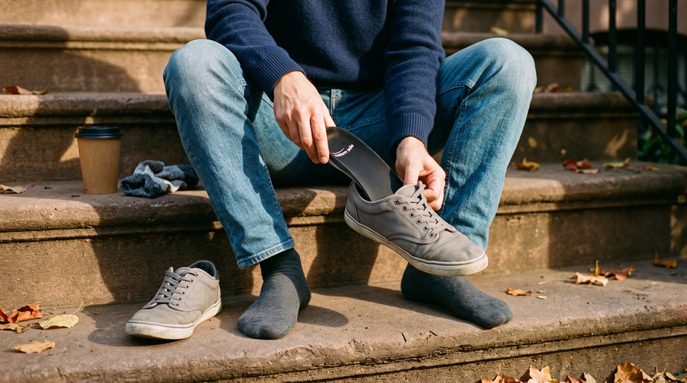 A custom insole being slid into a sneaker on a front step