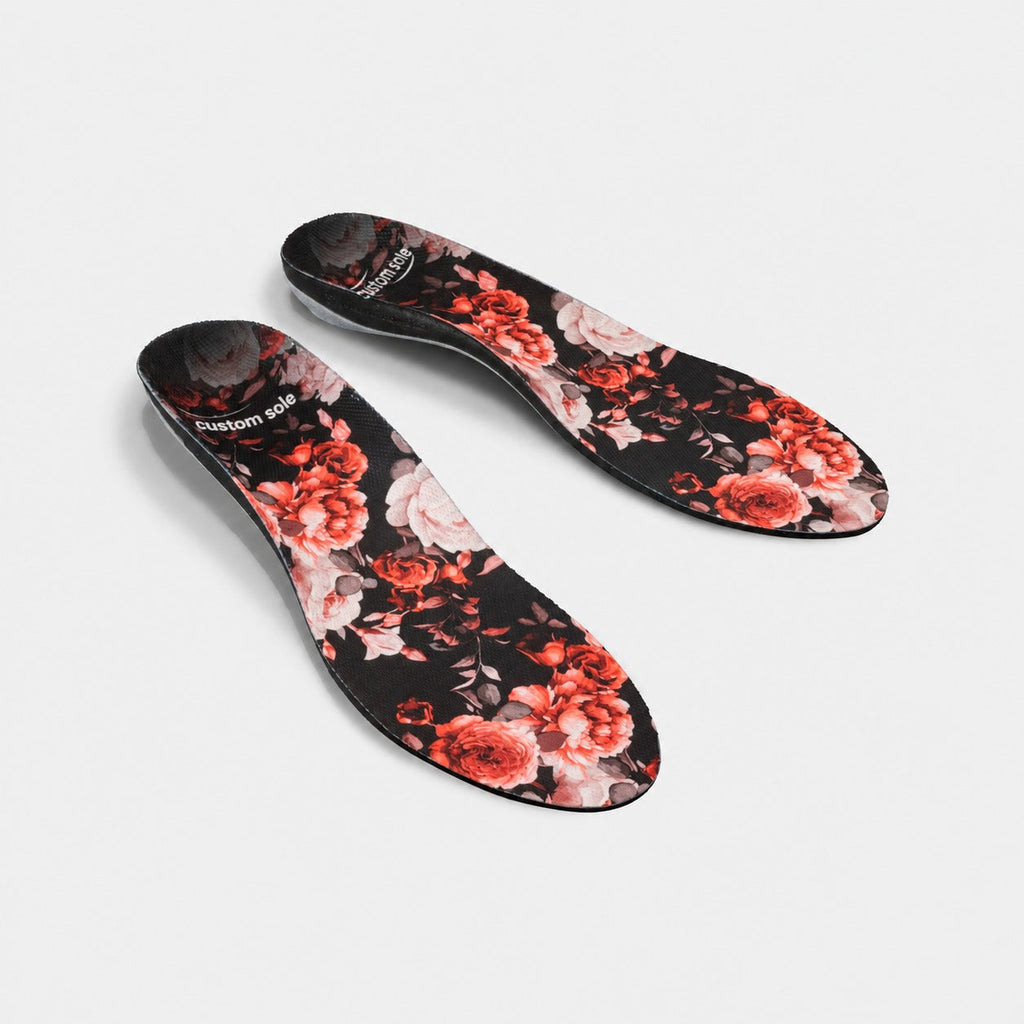 Night Bloom custom insoles shown at an angle to reveal the contoured arch and deep heel cup
